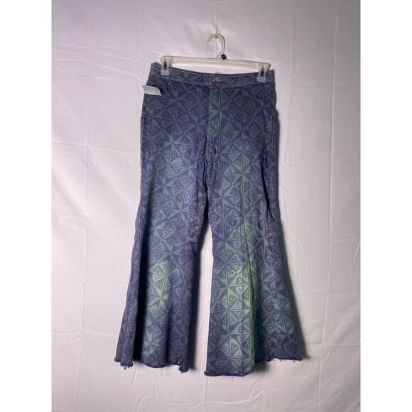 Free People Denim - Free People Hand-Dyed Printed Bell Bottom Pants Raw Hem Denim Women's Size 31